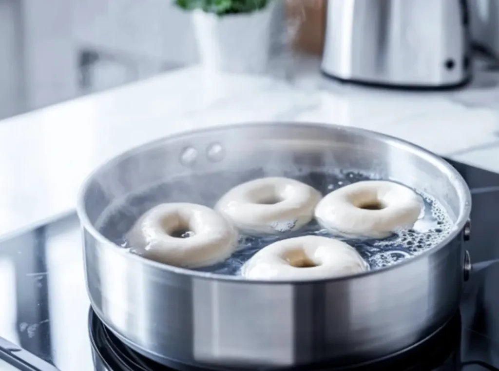 Boiling sourdough bagels for a chewy crust