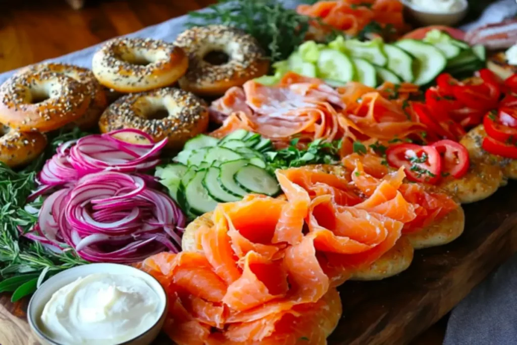 Bagel board with sourdough bagels and toppings.