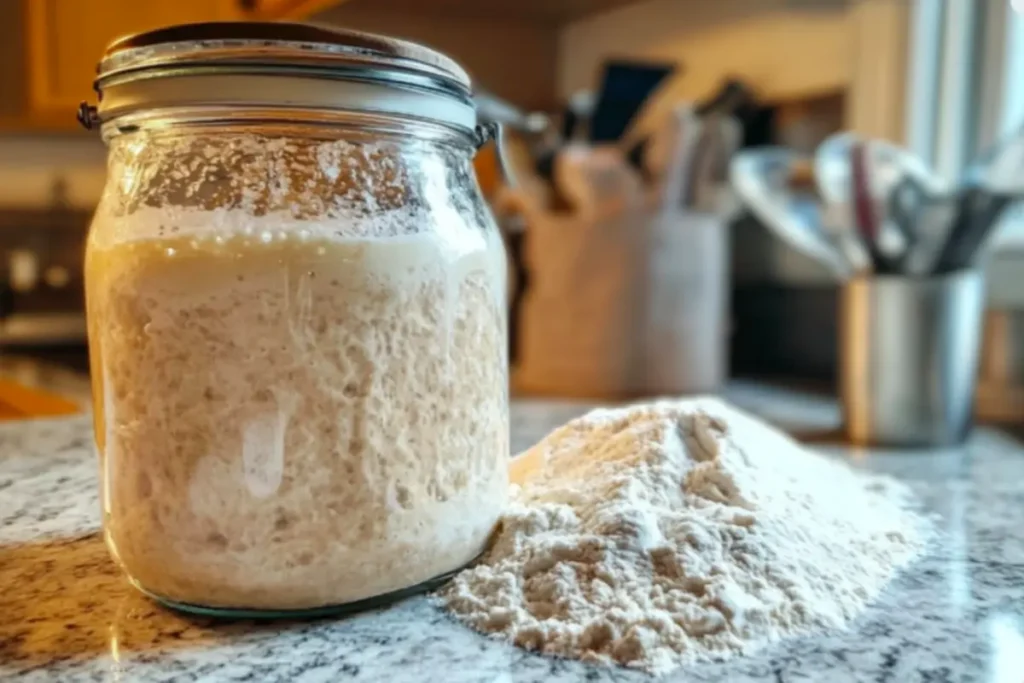 A glass jar filled with bubbly sourdough starter, surrounded by flour, salt, and a wooden spoon on a clean countertop.