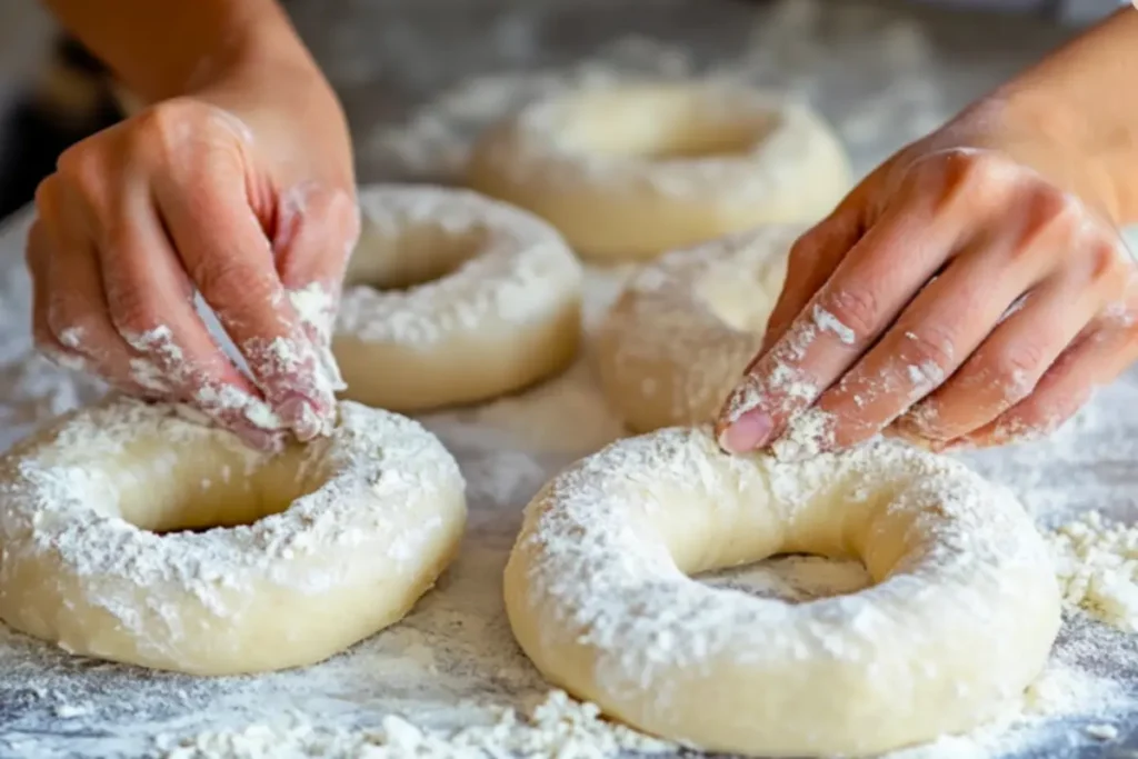 A baker’s hands gently shaping sourdough bagel dough on a floured surface, forming perfect rings