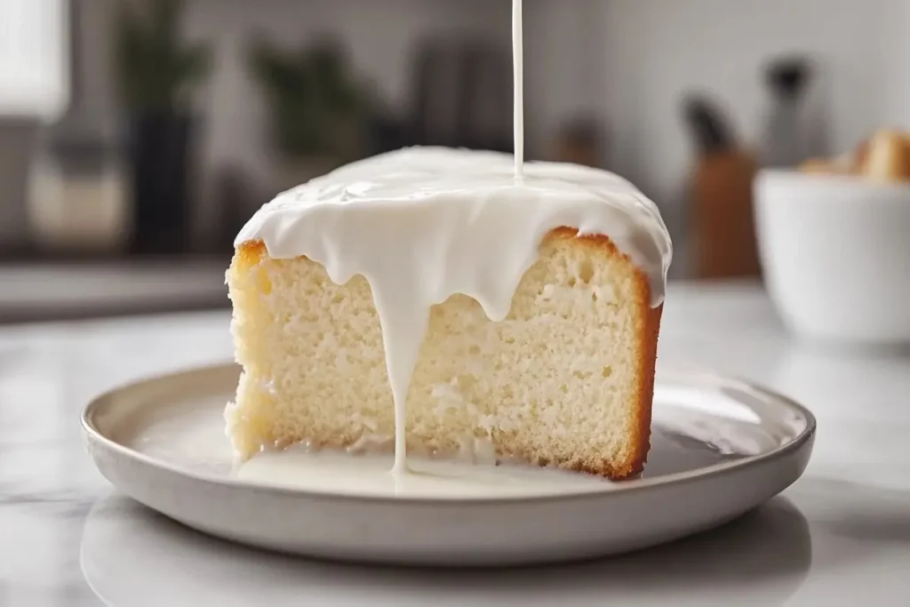 Soaking tres leches cake with cream layer on a white marble kitchen counter