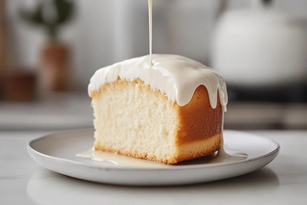 Tres leches cake with cream layer on a white marble kitchen counter