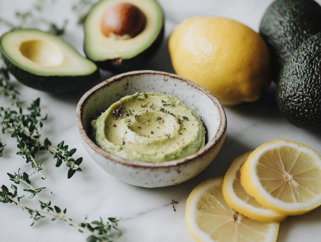 A creamy avocado spread in a bowl, surrounded by fresh ingredients on a white marble kitchen counter.