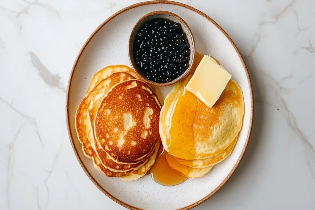 A plate showcasing both blinis and pancakes with different toppings on a marble counter.