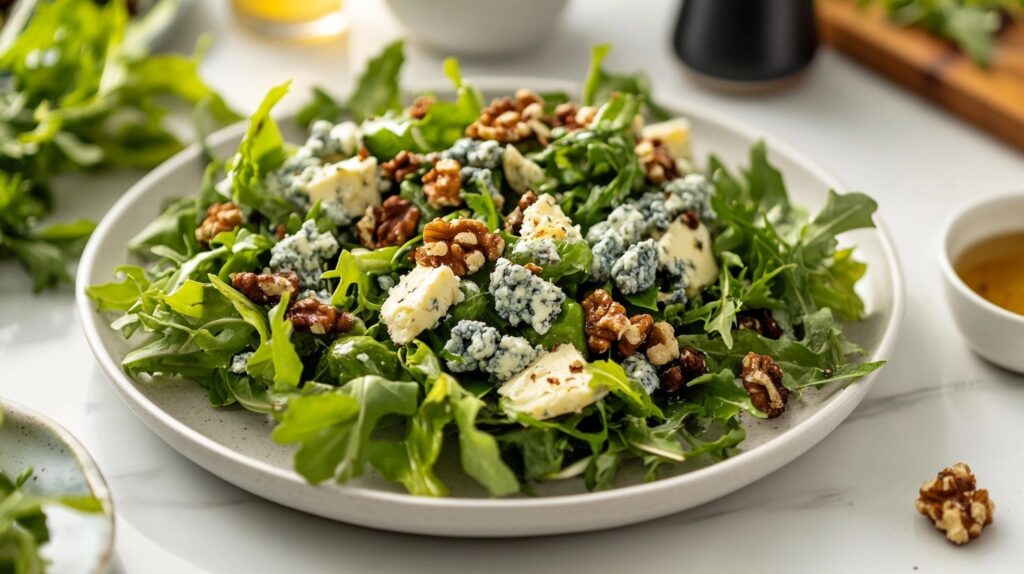 A fresh blue cheese salad with walnuts and dressing on a white marble counter