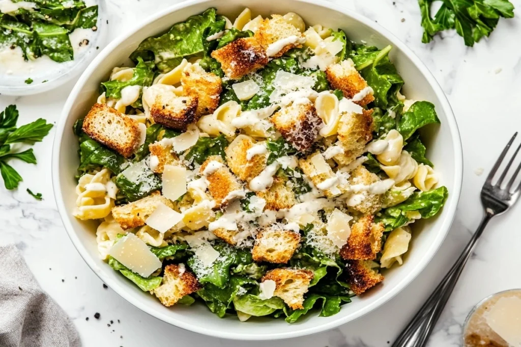 A freshly prepared Caesar pasta salad with croutons and parmesan.