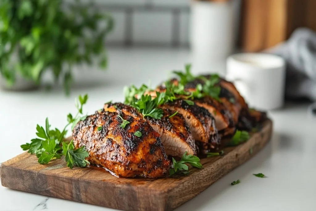 Juicy Cajun turkey served on a rustic platter garnished with herbs