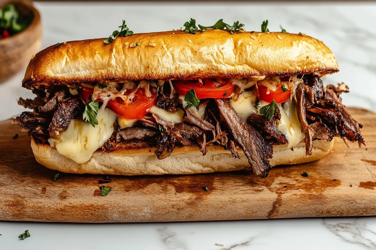 Delicious beef brisket sandwich with cheese on marble counter