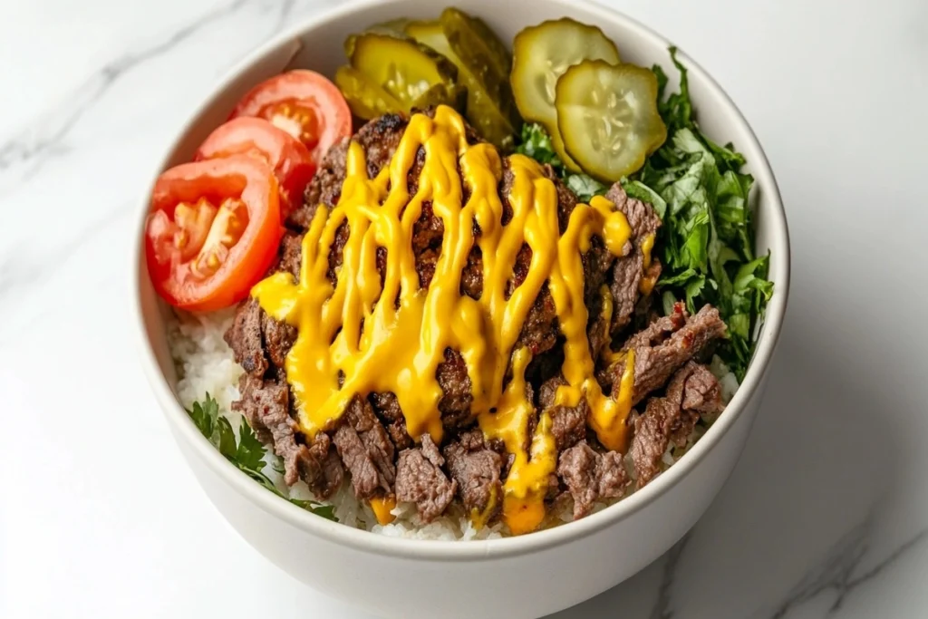 Classic cheeseburger bowl with beef patty, cheese, and pickles on a white marble counter.