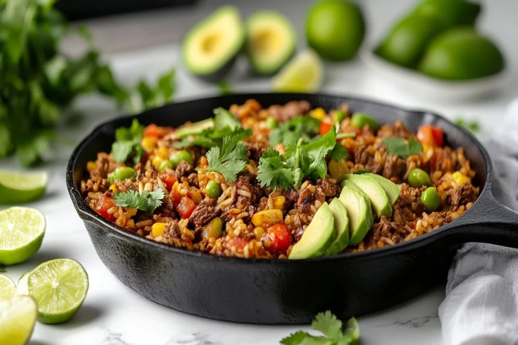 Mexican beef and rice skillet in cast-iron pan garnished with avocado and cilantro