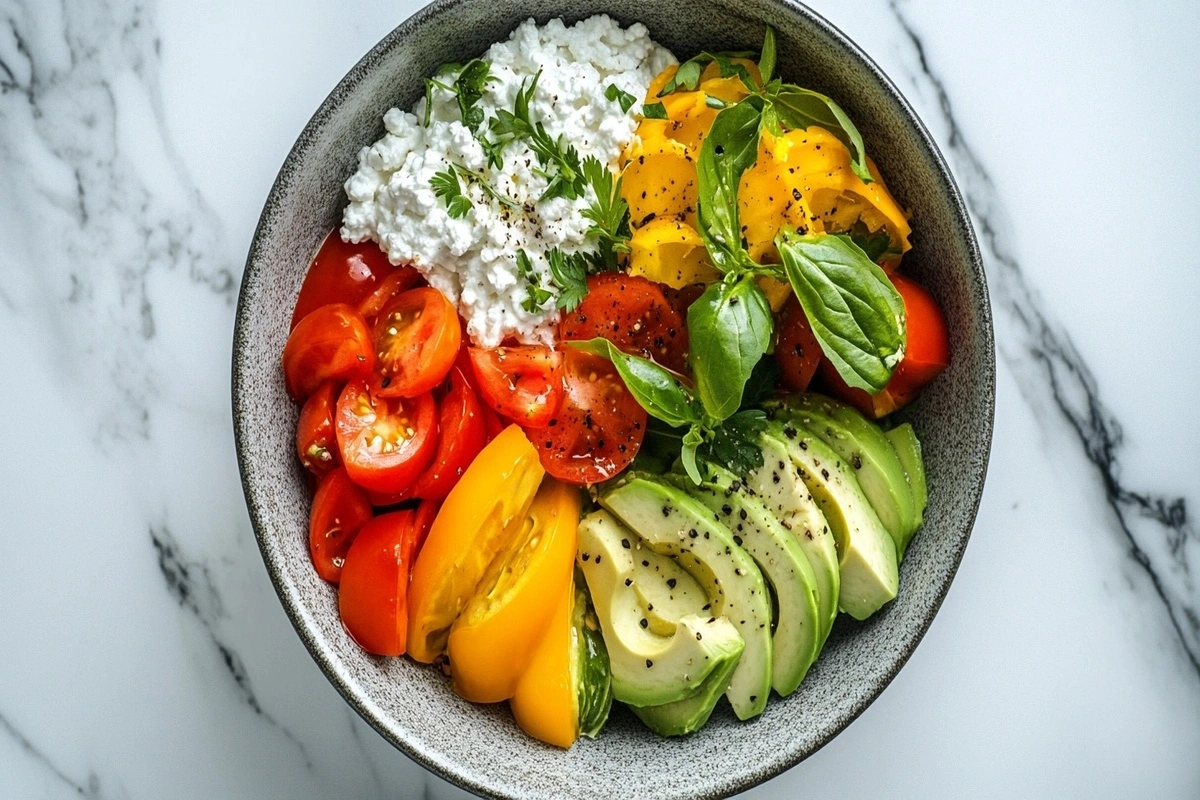 A fresh cottage cheese salad with colorful vegetables and herbs in a ceramic bowl