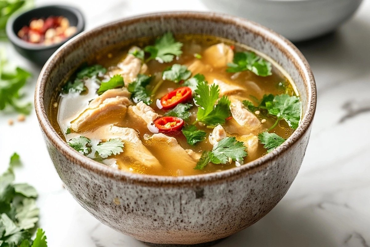 A bowl of steaming lemongrass chicken soup with fresh herbs on a white marble kitchen counter.