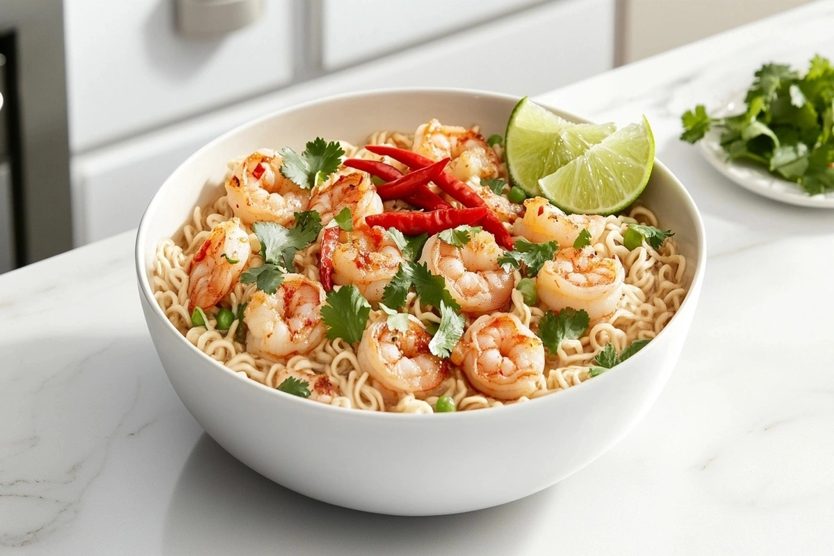 A steaming bowl of lime chili shrimp ramen with fresh garnishes.