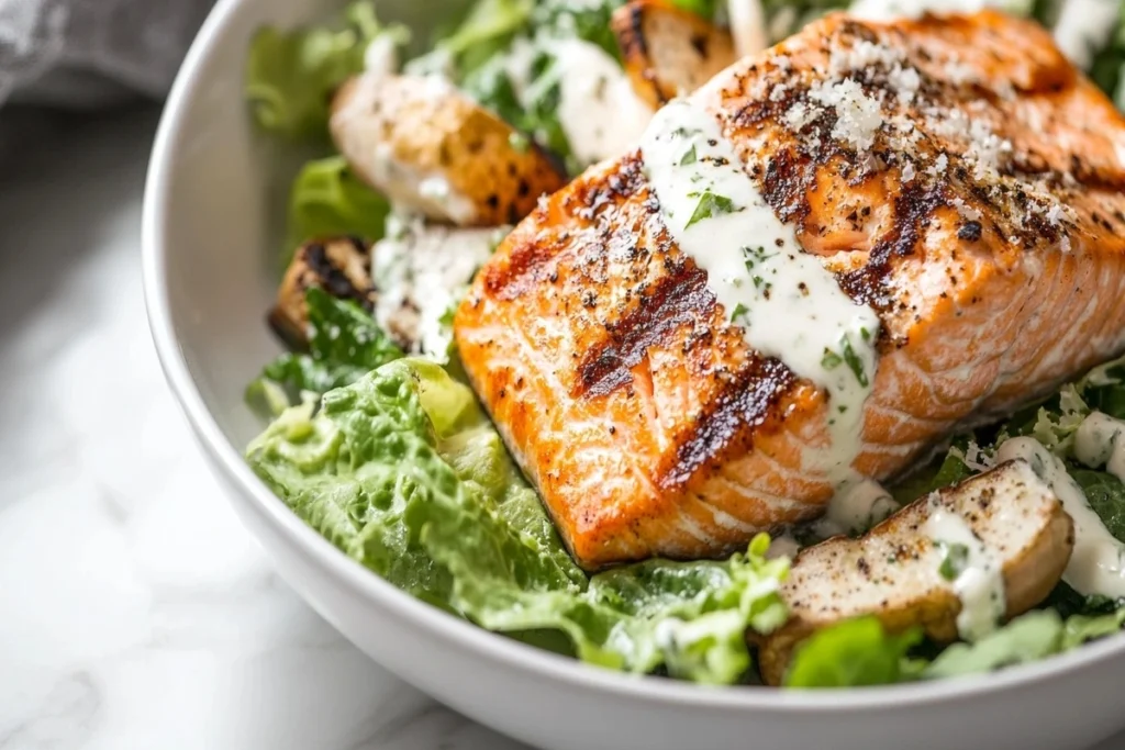 A plated salmon Caesar salad with grilled