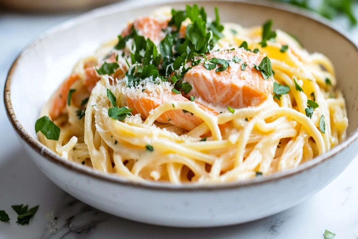 A creamy Salmon Alfredo dish garnished with parsley and Parmesan, served on a white marble counter.