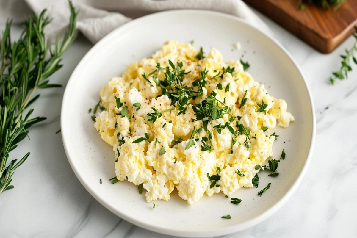 Scrambled eggs with cottage cheese on a white marble kitchen counter.