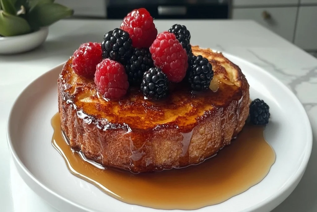 Does sourdough taste good for French toast? A plate of golden-brown sourdough French toast drizzled with maple syrup and topped with fresh berries, served on a white marble kitchen counter.