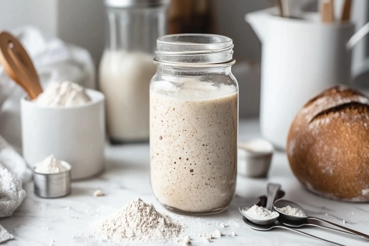 Sourdough starter in a glass jar with ingredients on a white marble kitchen counter.