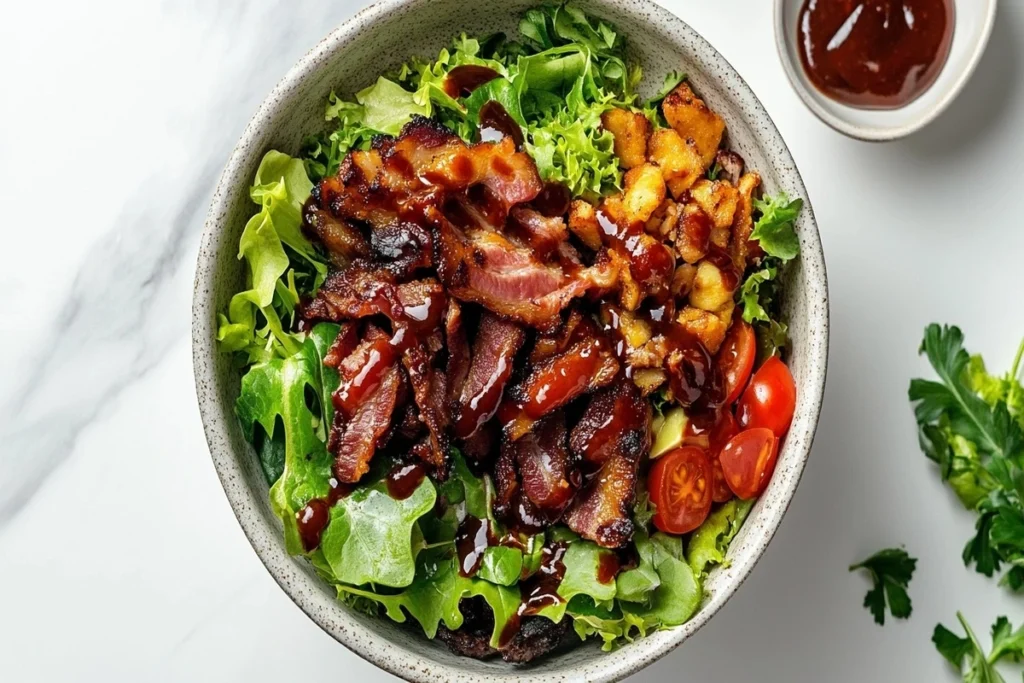 BBQ bacon ranch burger bowl with crispy bacon and ranch dressing on a white marble counter.