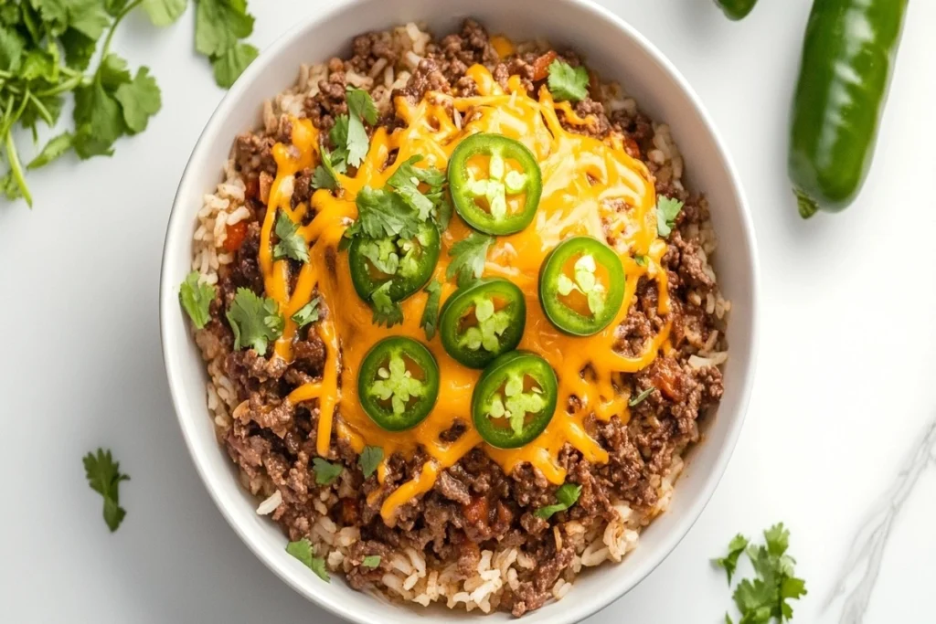 Cheesy Mexican beef and rice skillet with melted cheddar and jalapeños