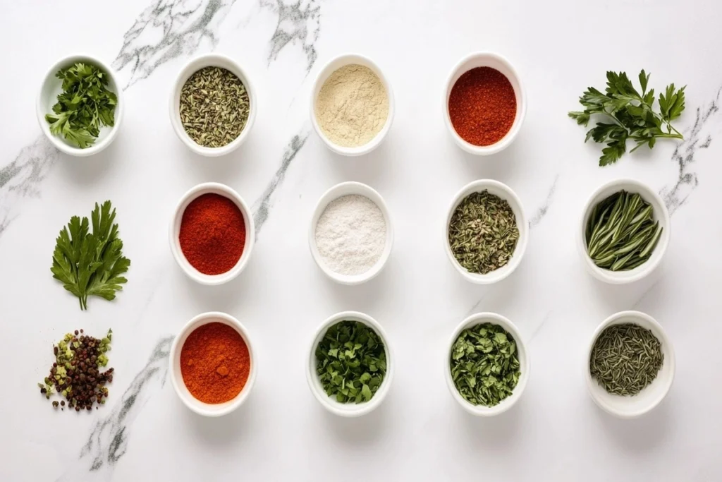 Selection of Cajun spices and herbs in small bowls