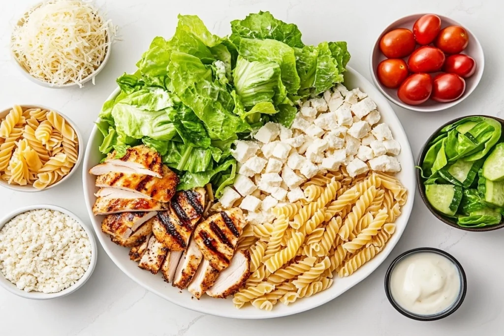 Fresh ingredients for Caesar pasta salad, including lettuce, pasta, and parmesan.