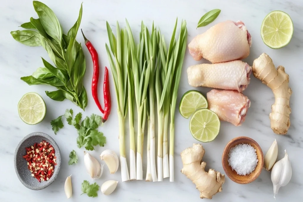 A top-down view of fresh ingredients for lemongrass chicken soup on a white marble kitchen counter.