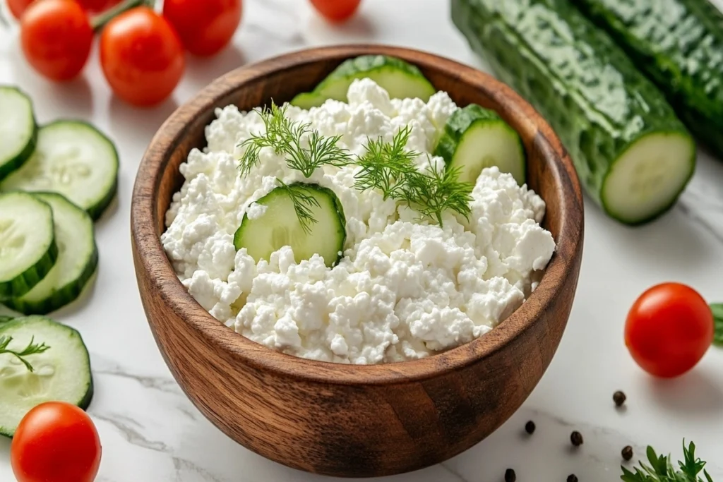 A bowl of fresh cottage cheese surrounded by colorful salad ingredients