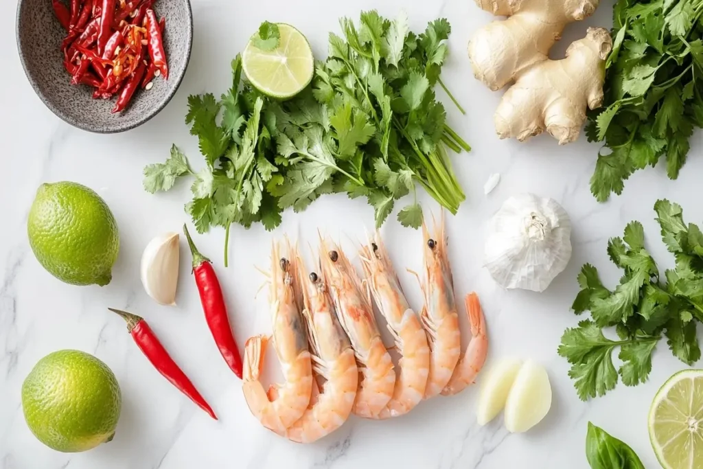 A variety of fresh ingredients for making lime chili shrimp ramen.