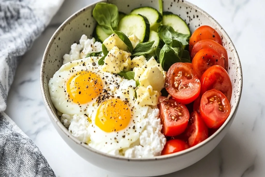 A high-protein breakfast bowl with eggs and cottage cheese, on a white marble kitchen counter.