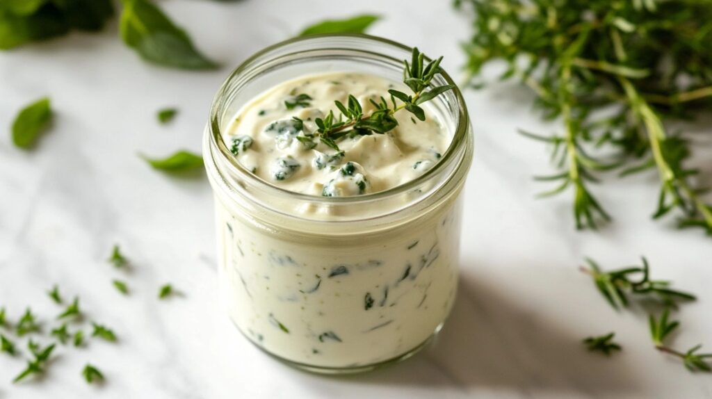 A small jar of creamy blue cheese dressing with fresh herbs on a white marble counter