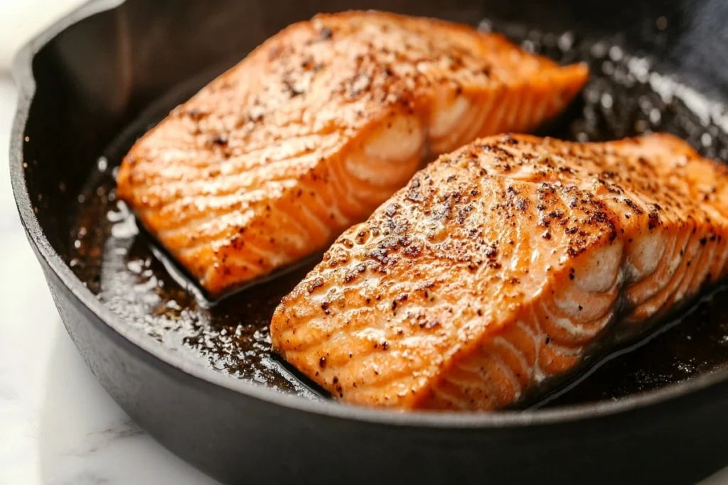 A golden-brown salmon fillet sizzling in a cast iron pan.