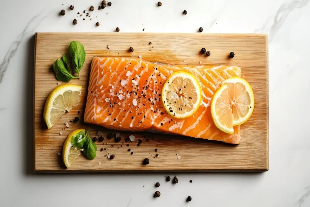 A fresh salmon fillet seasoned with salt, pepper, and lemon on a wooden cutting board.