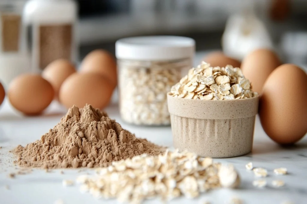 Ingredients for protein muffins displayed on a white marble kitchen counter.