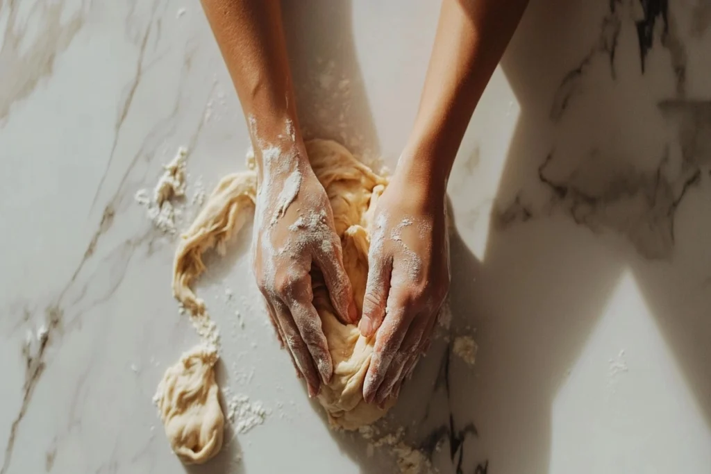 A baker's hands shaping sourdough dough on a white marble kitchen counter.