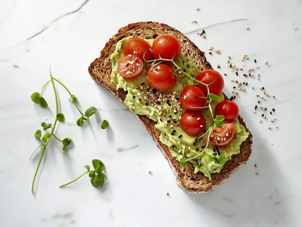 A slice of toast topped with creamy avocado spread, cherry tomatoes, and herbs on a white marble kitchen counter.