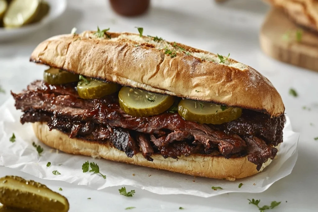 Texas-style brisket sandwich with barbecue sauce on marble counter