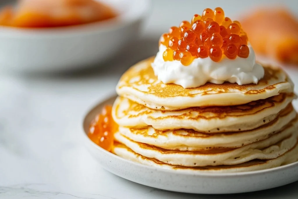 Golden-brown blinis with sour cream, caviar, and smoked salmon on a marble counter.