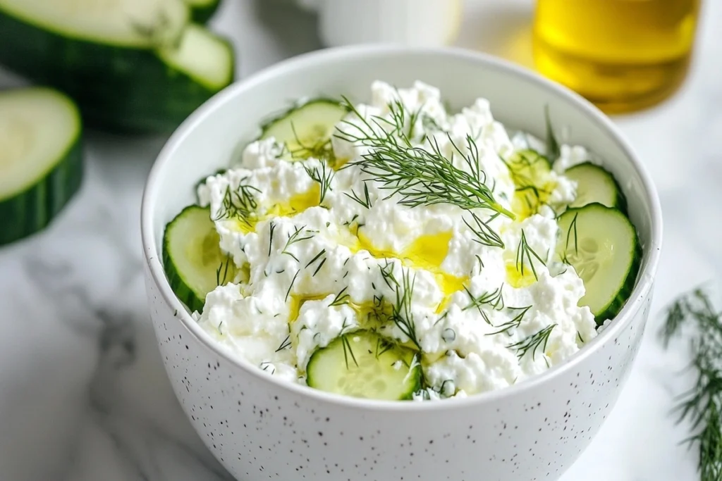 A bowl of cottage cheese and cucumber salad garnished with fresh herbs