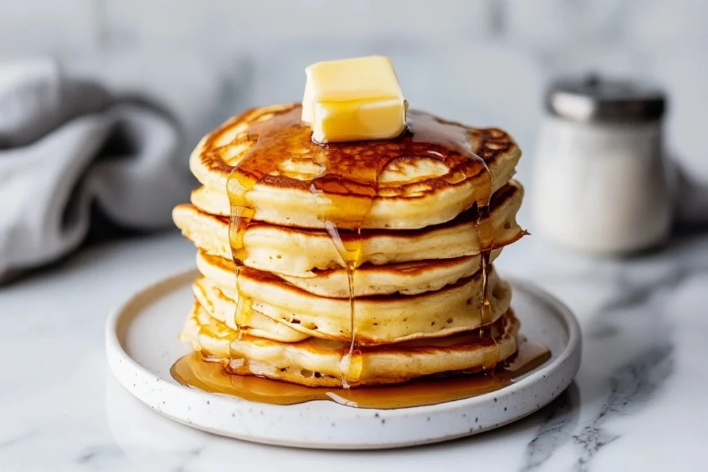 A tall stack of fluffy pancakes with butter and maple syrup.