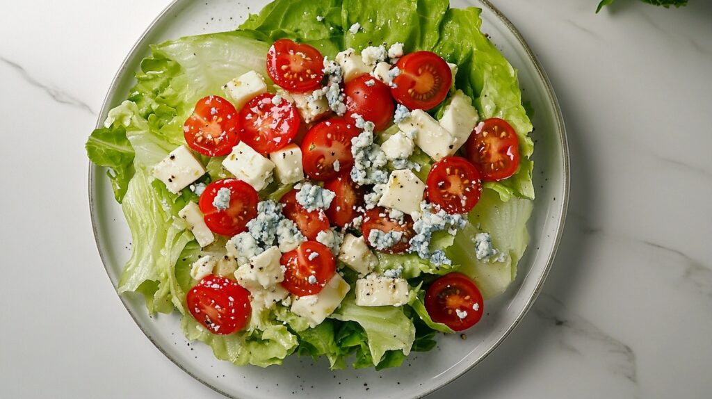 A wedge salad with crisp iceberg lettuce, tomatoes, and blue cheese on a white marble counter