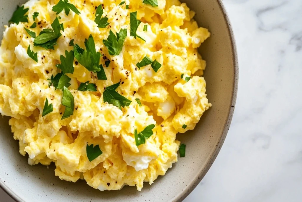 Cottage cheese scrambled eggs served in a bowl on a white marble kitchen counter.