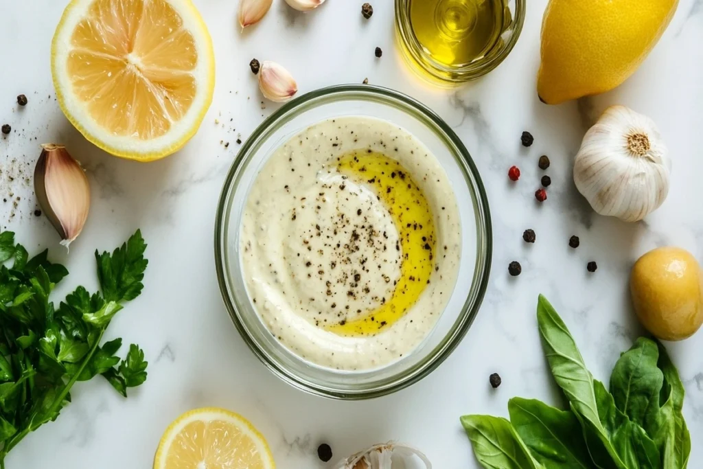 A bowl of creamy homemade Caesar dressing with fresh ingredients nearby.