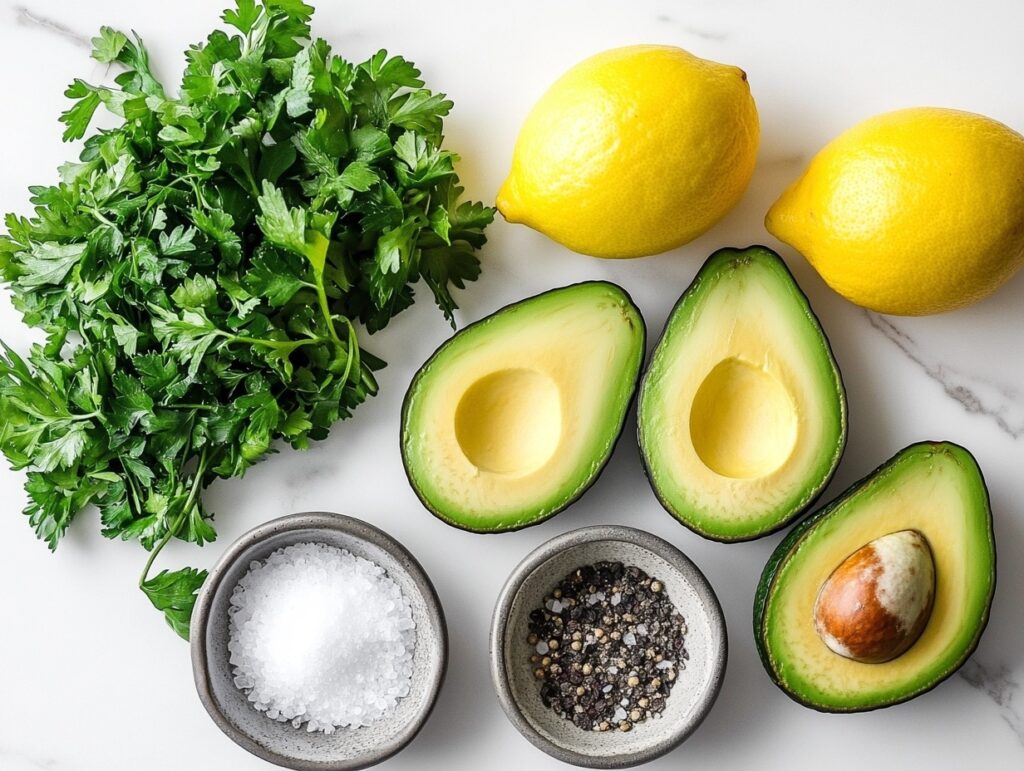 A variety of fresh ingredients for avocado spread, including ripe avocados, lemon, and herbs on a white marble kitchen counter.