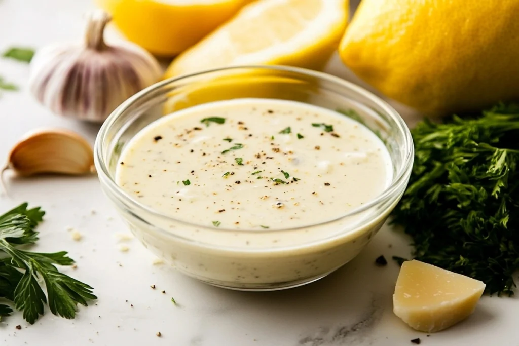 A creamy Caesar dressing in a glass bowl with fresh ingredients.