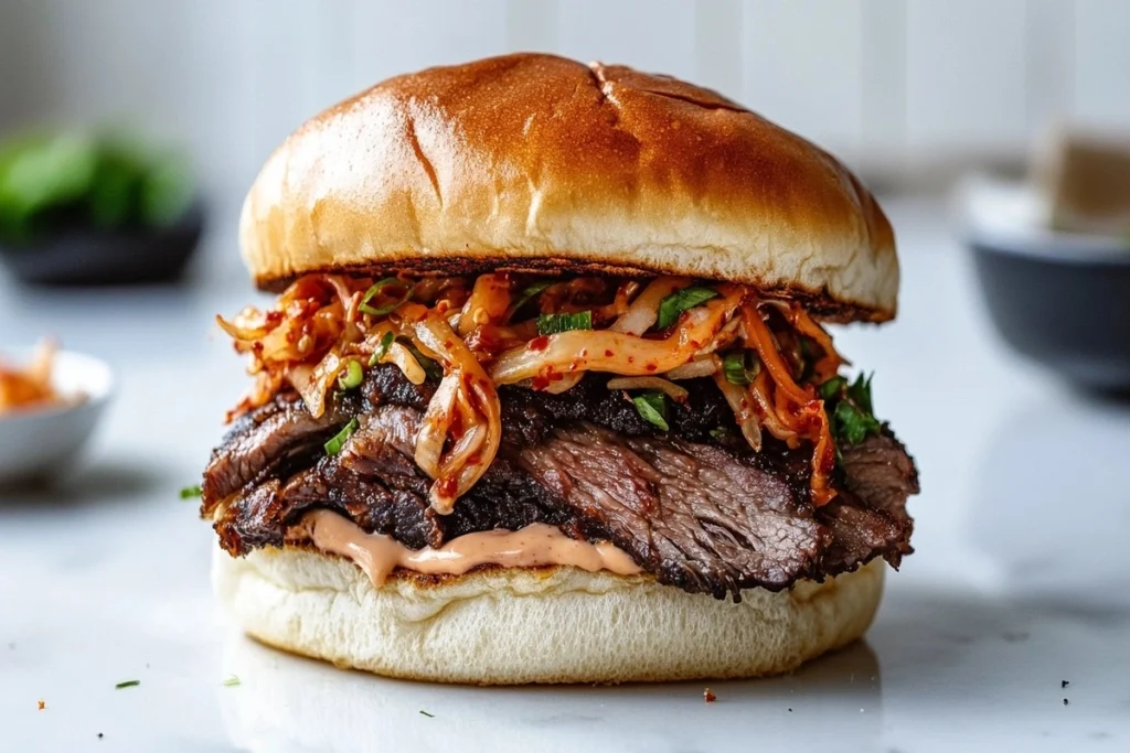 Korean brisket sandwich with kimchi on marble counter