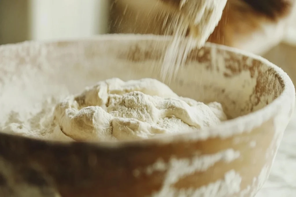 A baker's hands shaping sourdough dough on a white marble kitchen counter.