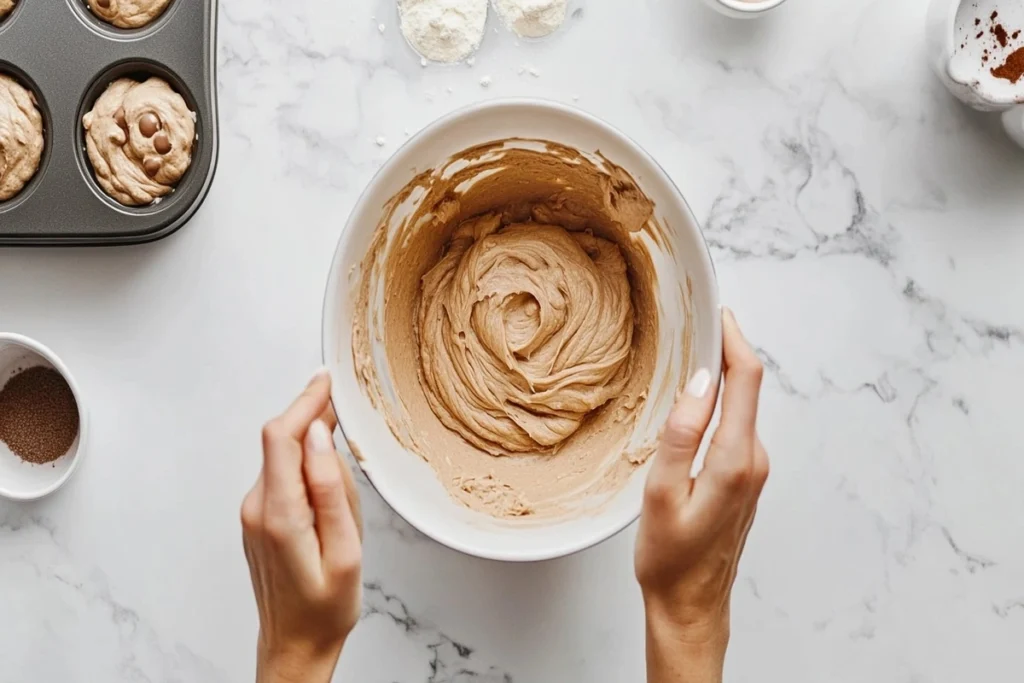 A person preparing protein muffin batter on a white marble kitchen counter.