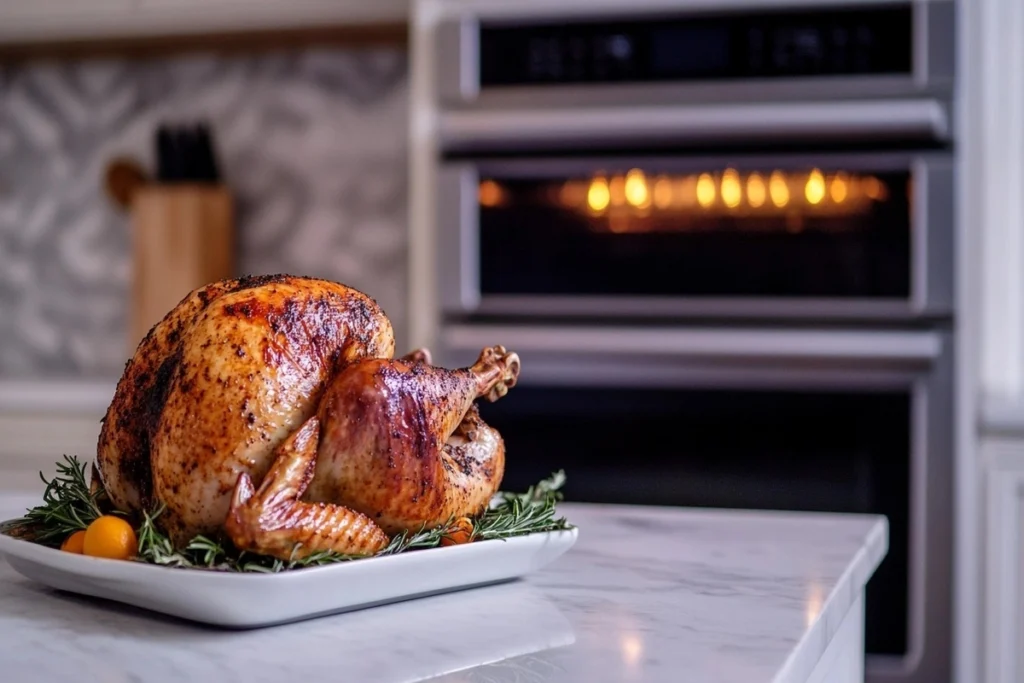 Cajun-seasoned turkey roasting in the oven