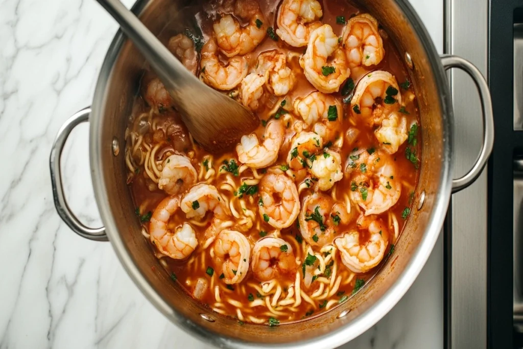 A pot of simmering lime chili shrimp ramen broth with fresh ingredients.